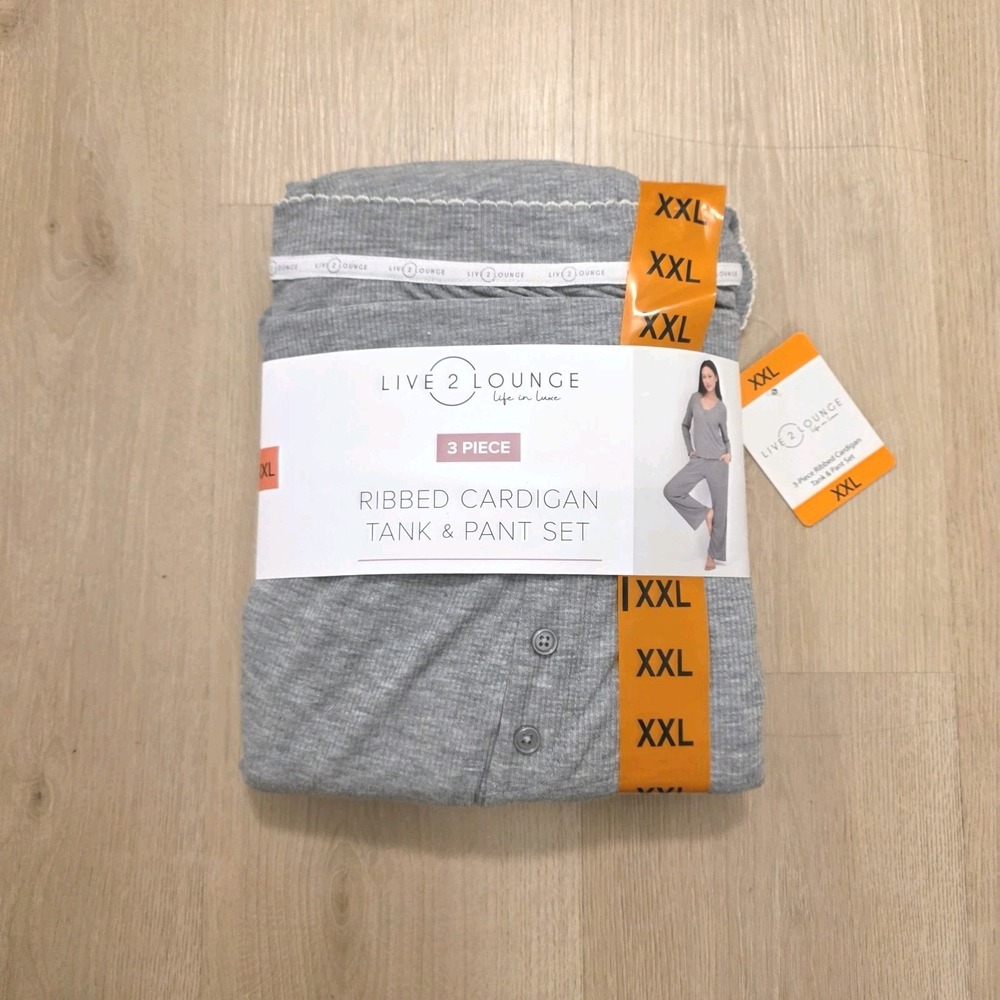Live2Lounge Gray Ribbed Cardigan Tank & Pant Stretch Comfy Pajama Set Size 2XL